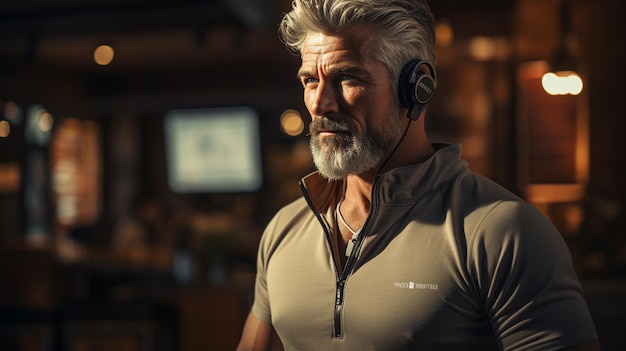 Retrato de um homem idoso em roupas esportivas ouvindo música com fones de ouvido em uma cafeteria.