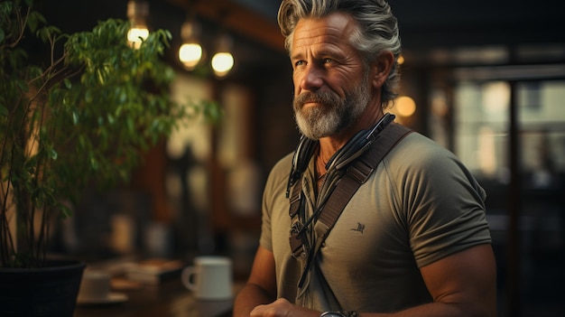 Retrato de um homem idoso em roupas esportivas ouvindo música com fones de ouvido em uma cafeteria.