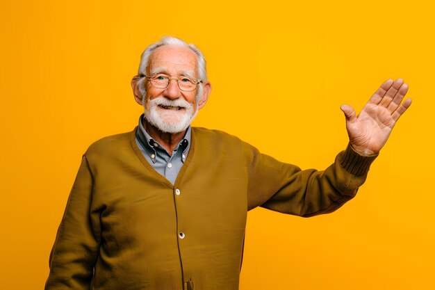 Foto retrato de um homem idoso em um fundo amarelo idosos