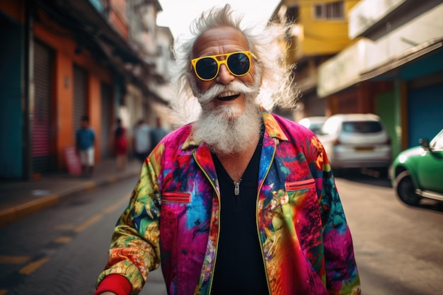 Foto retrato de um homem idoso feliz e alegre com óculos em um fundo de rua