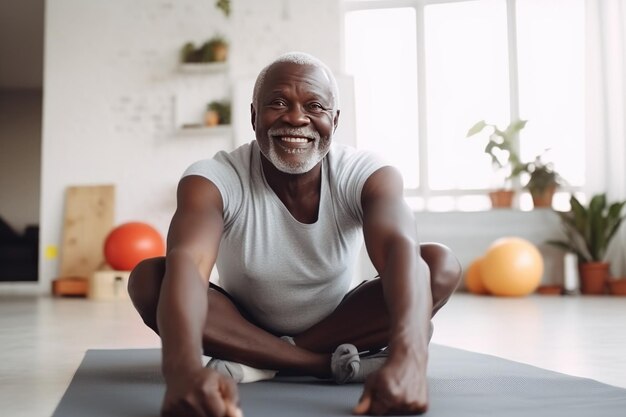 Foto retrato de um homem idoso feliz fazendo esporte em seu apartamento ilustração generativa de ia