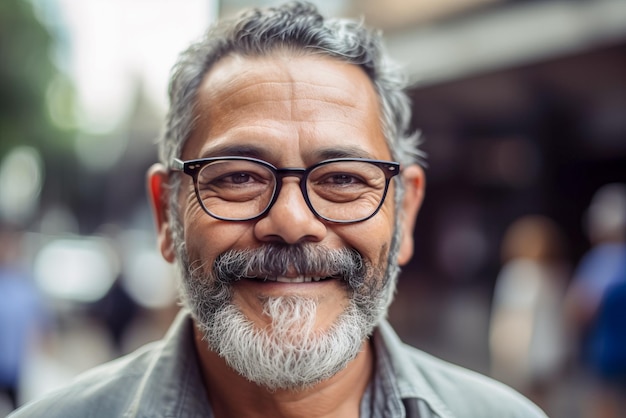 Retrato de um homem indiano de meia-idade sorridente usando óculos ao ar livre IA gerativa