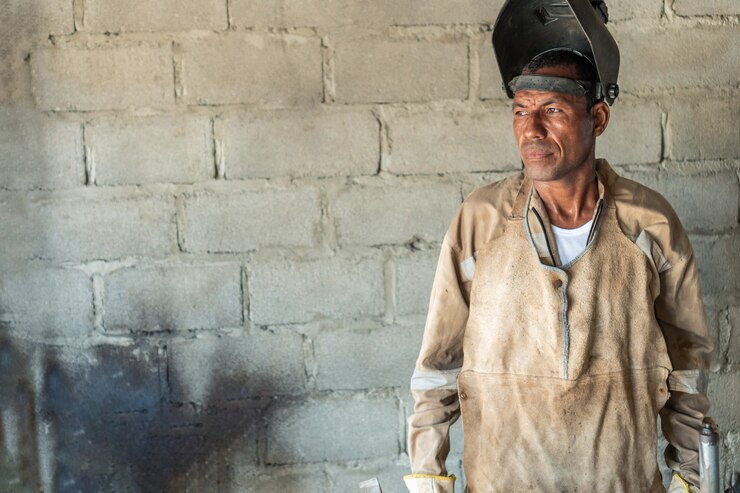 Foto retrato de um homem latino trabalhando em uma oficina
