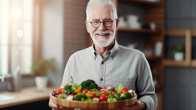 Retrato de um homem maduro aposentado segurando um prato de salada de legumes saudável com carinha sorridente