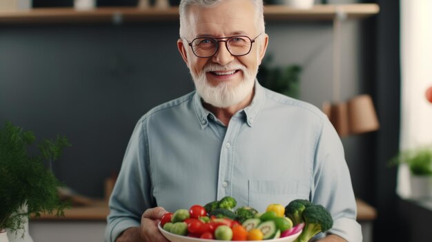 Retrato de um homem maduro aposentado segurando um prato de salada de legumes saudável com carinha sorridente