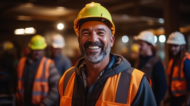 Retrato de um homem maduro feliz em um chapéu duro de pé em uma fábrica industrial