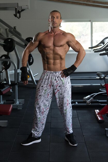 Retrato de um homem maduro tatuagem fisicamente apto, mostrando seu corpo bem treinado, musculoso, fisiculturista, fitness, modelo, posando após exercícios