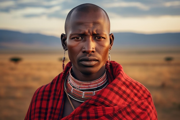 Retrato de um homem Masai sério em trajes tradicionais ao ar livre