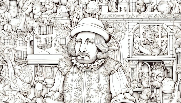 Retrato de um homem medieval com um chapéu e um casaco