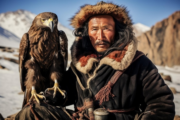 Retrato de um homem mongol com sua águia