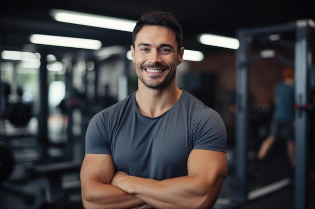 Foto retrato de um homem musculoso sorridente treinador pessoal