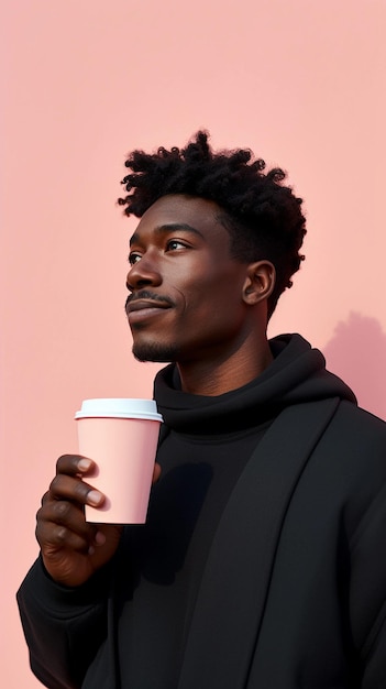 Retrato de um homem negro bebendo café contra um fundo pastel com espaço para texto gerado por IA