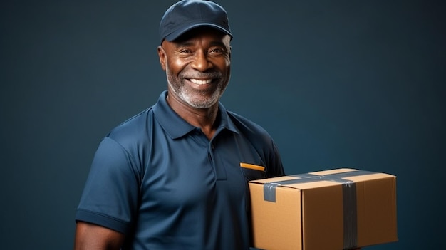 Foto retrato de um homem negro feliz em uniforme segurando um pacote e sorrindo para a câmera