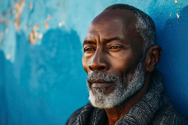 Retrato de um homem negro maduro olhando para a esquerda em um fundo azul