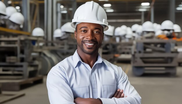 Foto retrato de um homem negro sorridente usando capacete branco em uma fábrica