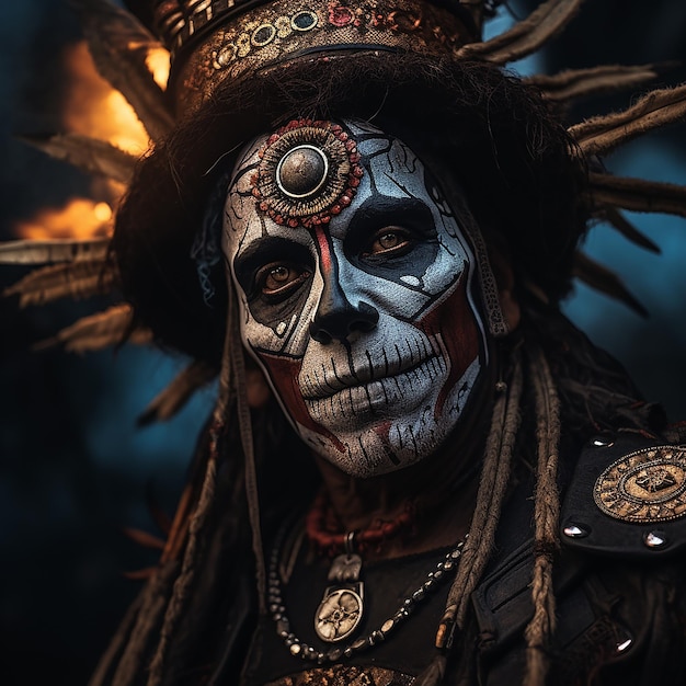 retrato de um homem no estilo tradicional do dia dos mortos com maquiagem de caveira de açúcar