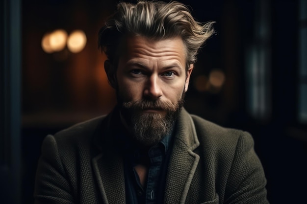 Retrato de um homem nórdico de barba por fazer com um penteado elegante posando para um artigo de revista abo