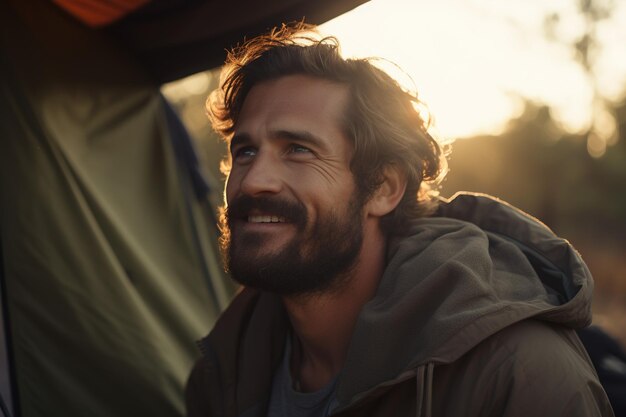 Foto retrato de um homem olhando para a câmera enquanto está perto da tenda de acampamento ao pôr do sol