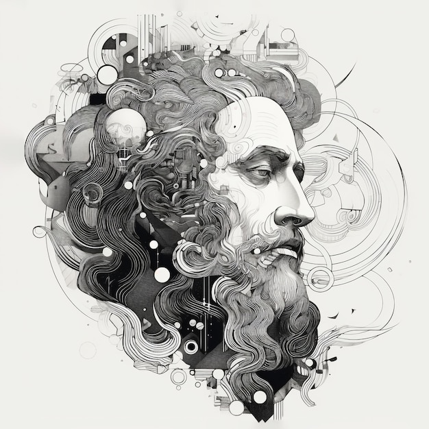 Retrato de um homem pensante com barba e bigode Ilustração de arte de linha