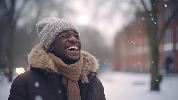 Retrato de um homem preto rindo alto contra o fundo da atmosfera de inverno com espaço para texto