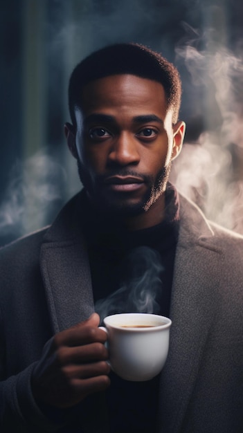 Retrato de um homem preto segurando uma chávena de café quente contra o fundo das vibrações matinais