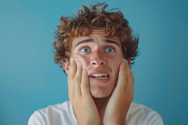 Retrato de um homem que sofre de dor de dente doença periodontal com um grande espaço para texto ou produto e fundo limpo IA generativa