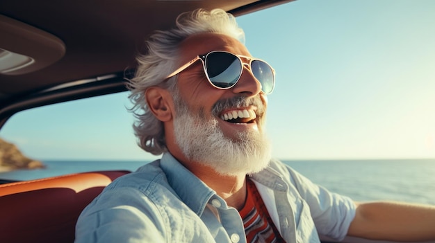 Retrato de um homem rico e feliz sorrindo enquanto dirige durante as férias ou feriados