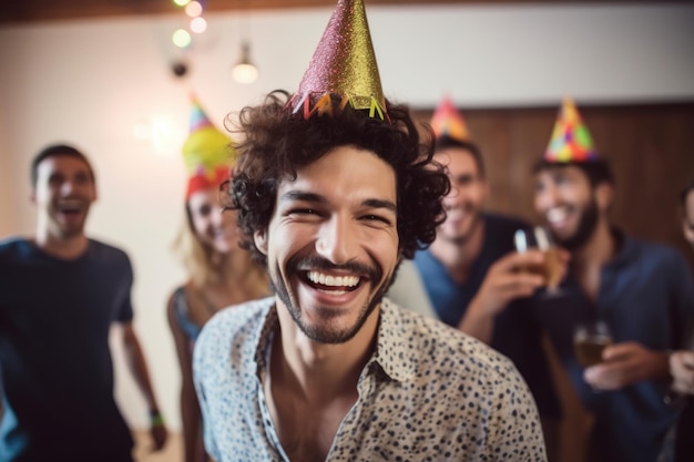 Retrato de um homem rindo em sua festa de aniversário com amigos criado com IA generativa