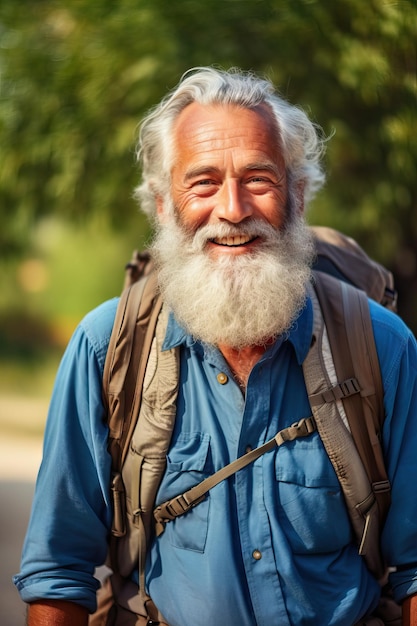 Retrato de um homem sênior caminhando montanha carregando uma mochila olhando para a câmera e sorrindo