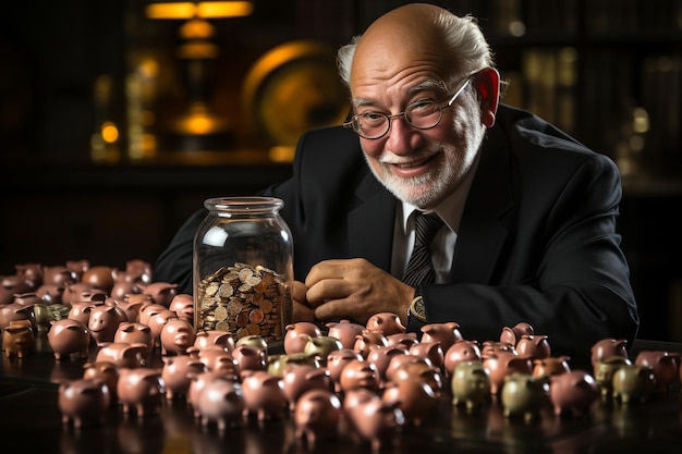 Retrato de um homem sênior com cofrinhos e moedas