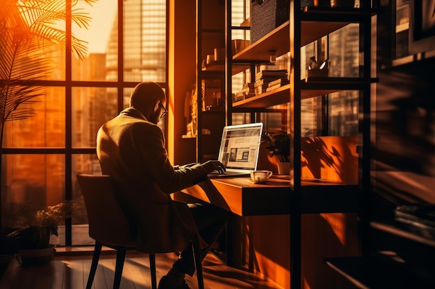 Retrato de um homem sênior de cabelos grisalhos, um empresário diretor fundador que está se concentrando em trabalhar no escritório em uma mesa com um laptop