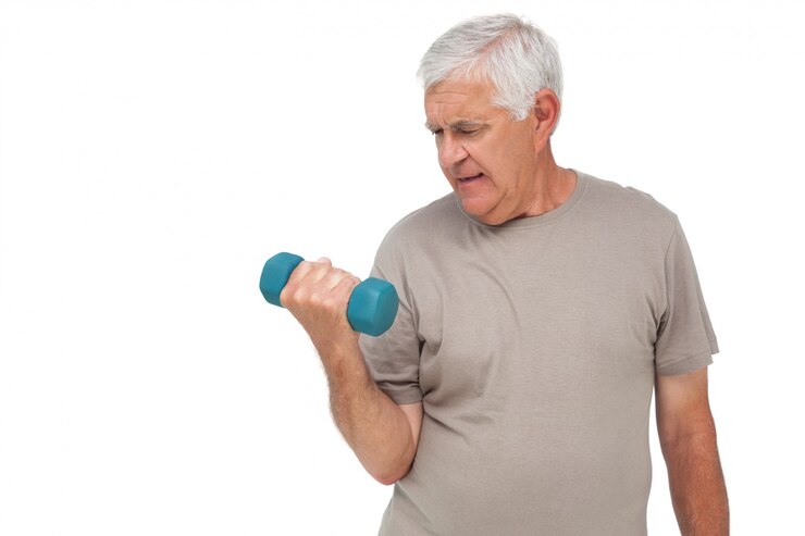 Foto retrato, de, um, homem sênior, exercitar, com, dumbbell