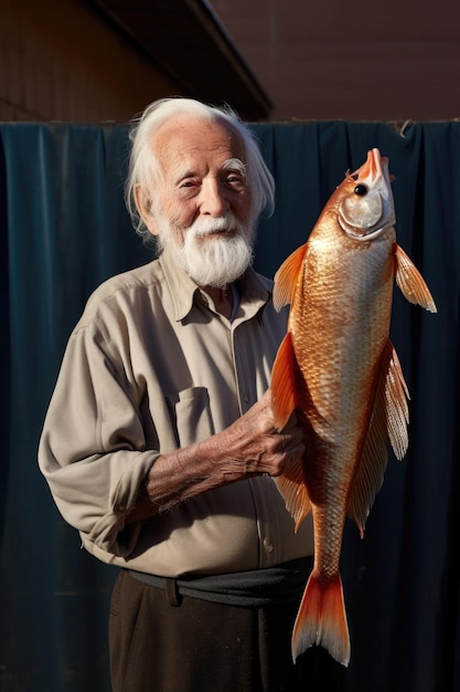 Retrato de um homem sênior segurando a barbatana caudal de um peixe que ele acabou de pescar criado com ai generativa