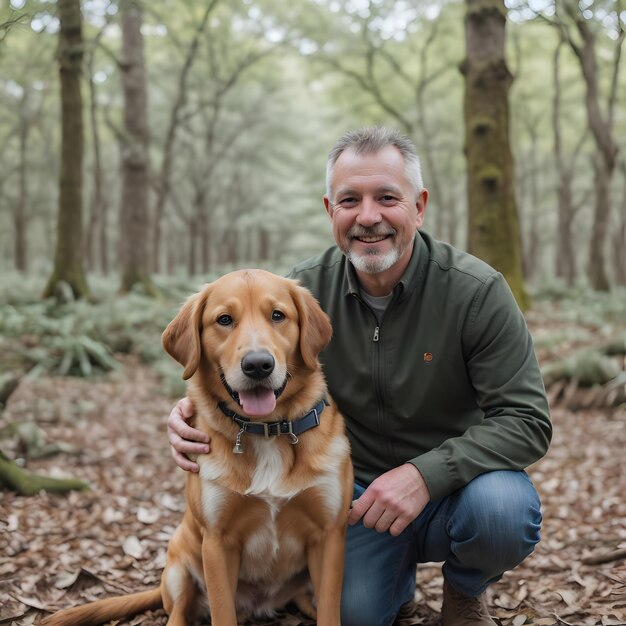 Foto retrato de um homem sorridente com seu cachorro no parque natural