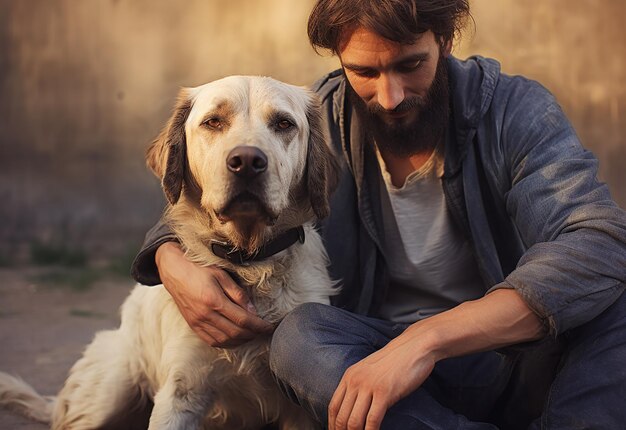 Retrato de um homem sorridente com seu cão no parque natural