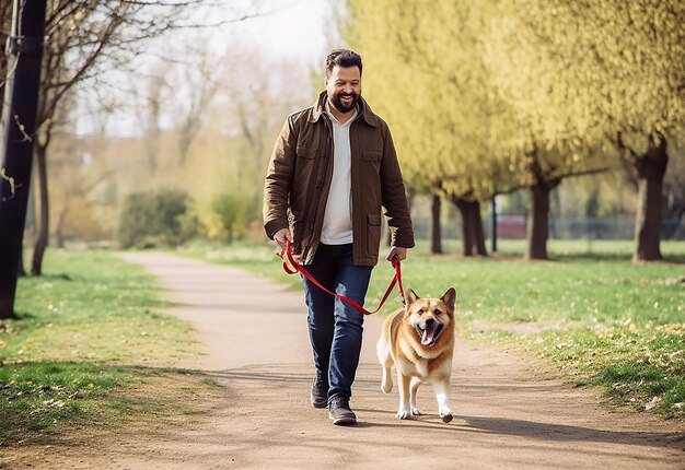 Retrato de um homem sorridente com seu cão no parque natural