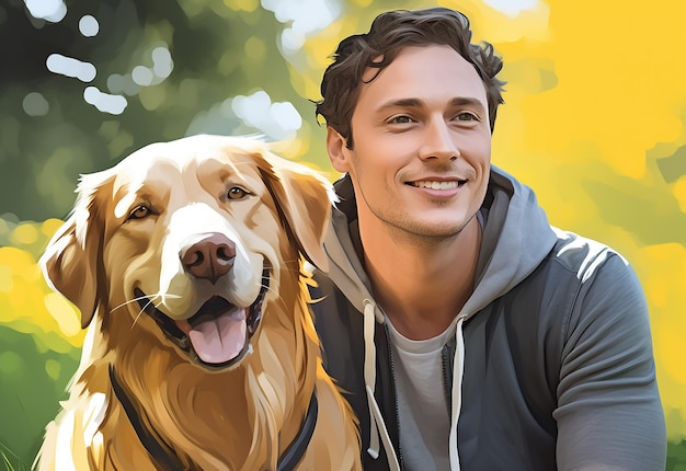 Retrato de um homem sorridente com seu cão no parque natural