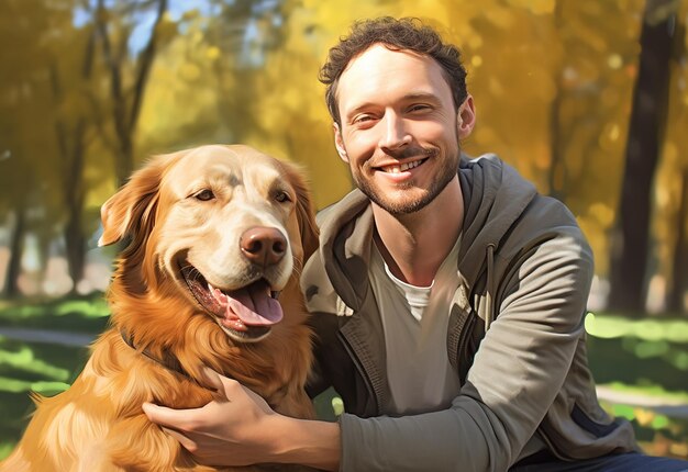 Retrato de um homem sorridente com seu cão no parque natural