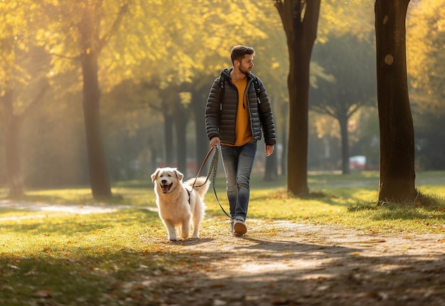 Foto retrato de um homem sorridente com seu cão no parque natural