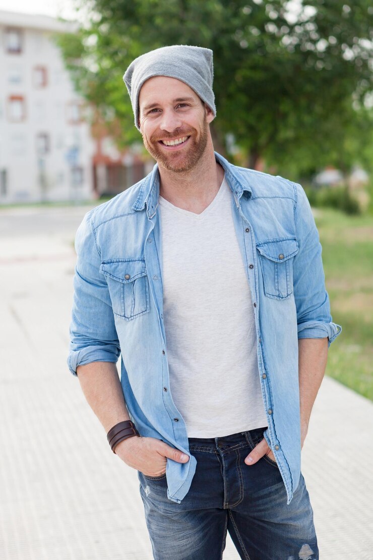 Foto retrato de um homem sorridente de pé ao ar livre
