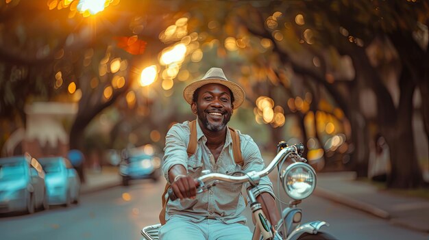 Retrato de um homem sorridente em uma bicicleta