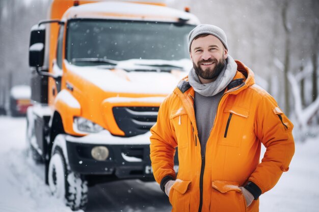 Retrato de um homem sorridente em uma jaqueta quente e chapéu de pé perto de um caminhão coberto de neve em um inverno