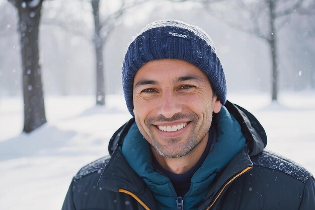 Retrato de um homem sorridente na neve