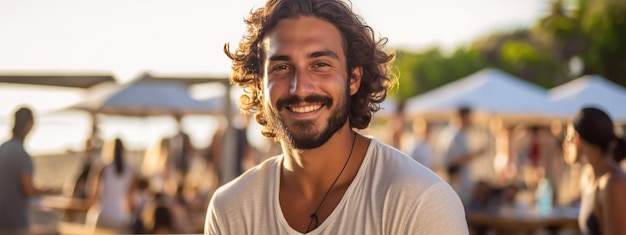 Retrato de um homem sorridente na praia contra o fundo de pessoas de férias
