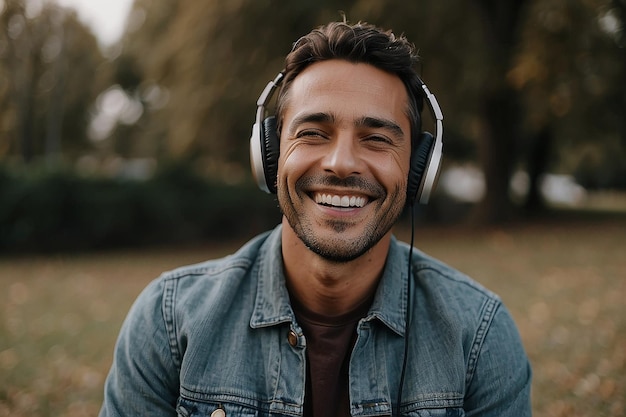 Retrato de um homem sorrindo enquanto ouve música