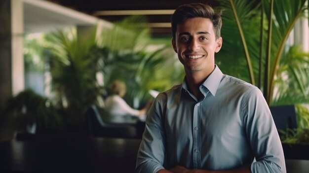 Foto retrato de um homem trabalhando como recepcionista de hotel palmeiras no fundo