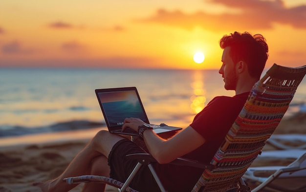 Retrato de um homem trabalhando em um laptop perto da praia do mar com um grande espaço de cópia para texto Generative AI