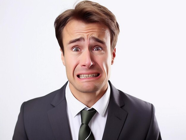 Retrato de um homem triste e choroso em terno de negócios Um jovem infeliz