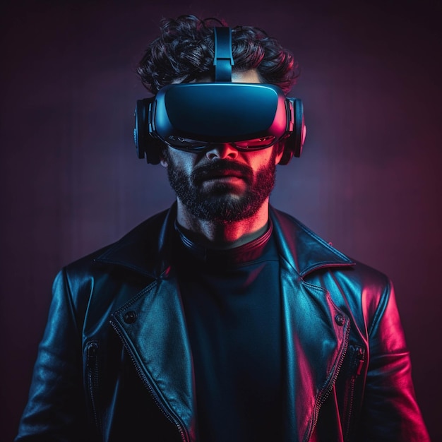 Retrato de um homem usando óculos de realidade virtual Foto de estúdio