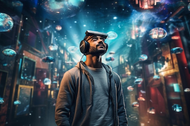 Retrato de um homem usando um dispositivo de realidade virtual isolado em um d